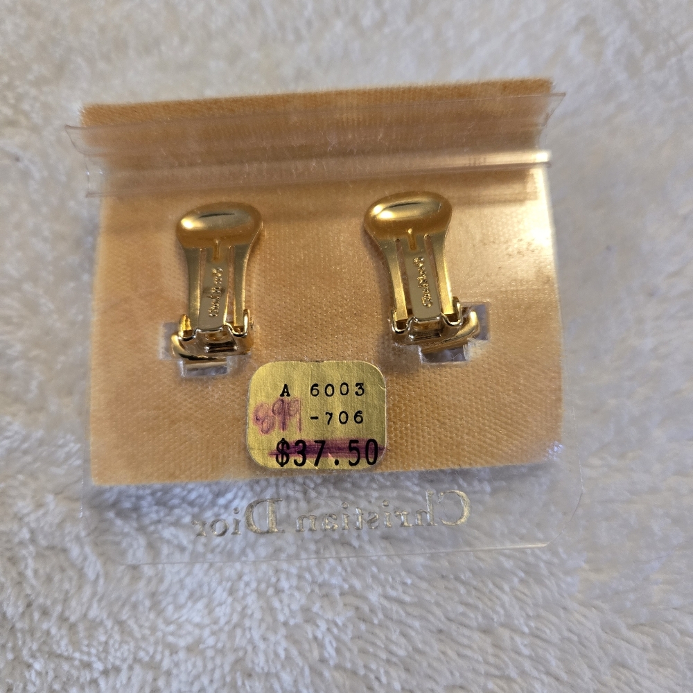 Vintage Christian Dior Gold Tone Half Hoop Clip On Earrings Clear Stones - Picture 2 of 4